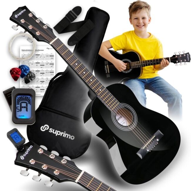 SUPRIMO JRA SET BK gitara akustyczna 1/4 czarna do nauki dla początkujących 3x kostka do gry pasek zapasowe struny pokrowiec tuner akordy zestaw