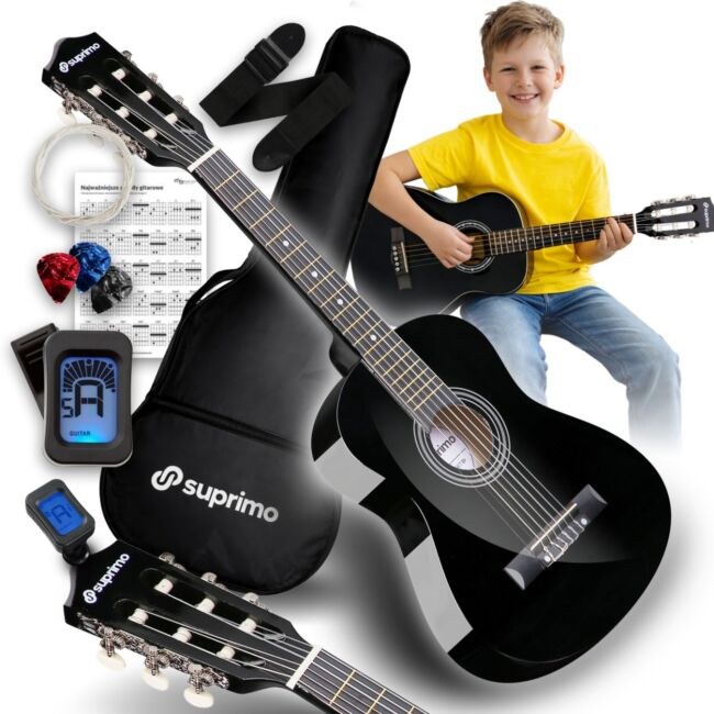 SUPRIMO JRC SET BK gitara klasyczna 1/4 czarna do nauki dla początkujących 3x kostka do gry pasek zapasowe struny pokrowiec tuner akordy zestaw