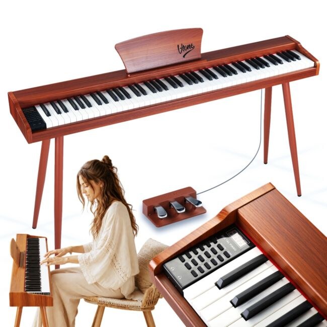 V-TONE BL-130 pianino cyfrowe czteronożne brązowe wolnostojące 88 klawiszy Bluetooth MIDI pulpit do nut 3 pedały pianinowe zasilanie sieciowe głośniki 3x wyjście słuchawkowe wejście audio zestaw