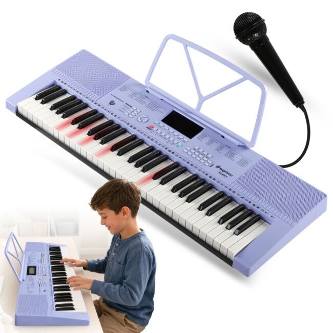 SUPRIMO ELK61 keyboard elektroniczny edukacyjny fioletowy 61 klawiszy podświetlana klawiatura instrument dla dzieci do nauki gry pulpit do nut mikrofon głośniki stereo wyjście słuchawkowe zestaw