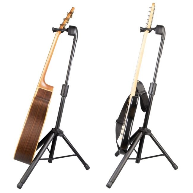 V-TONE DELUXE G1 statyw gitarowy stojak na gitarę regulowany składany stalowy czarny uchwyt widełkowy z grawitacyjną blokadą ramion 77-120 cm do 10 kg