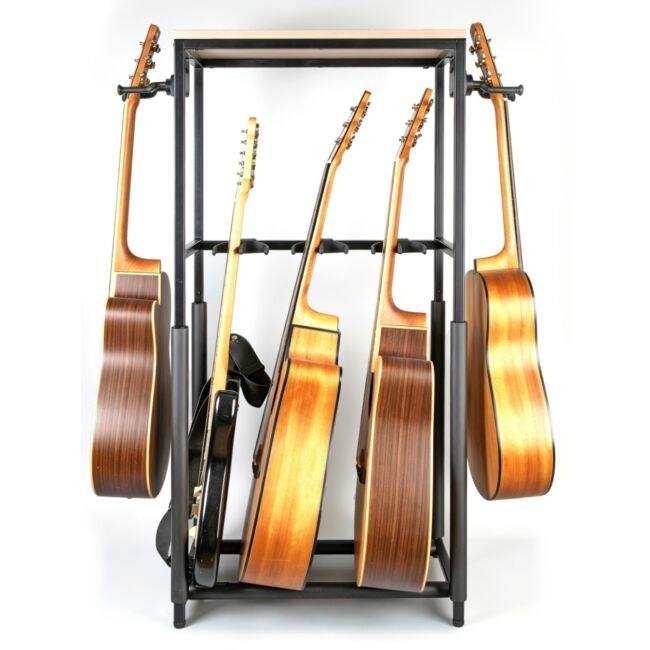 DNA GBOX statyw gitarowy stojak na 5 gitar stacjonarny stalowy czarny półka na akcesoria 3 separatory 2 uchwyty boczne z grawitacyjną blokadą ramion 120 cm do 60 kg zestaw