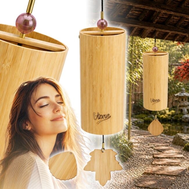 V-TONE ZEN MOUNTAIN dzwonek wietrzny wind chime dekoracja dźwiękowa tonacja C drewno bambusowe czerwony koralik 2 zawieszki liść muszla 40,5 cm