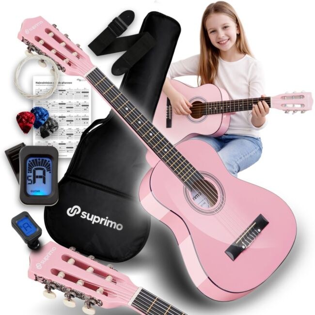 SUPRIMO JRC SET PK gitara klasyczna 1/4 różowa do nauki dla początkujących 3x kostka do gry pasek zapasowe struny pokrowiec tuner akordy zestaw