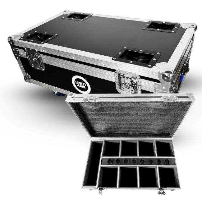 LIGHT4ME ACCU PAR 6x10W CASE 8IN1 skrzynia transportowa na 8 akumulatorowych reflektorów scenicznych ładowarka 8 gniazd elektrycznych przegroda na akcesoria 4 kółka mechanizm blokady