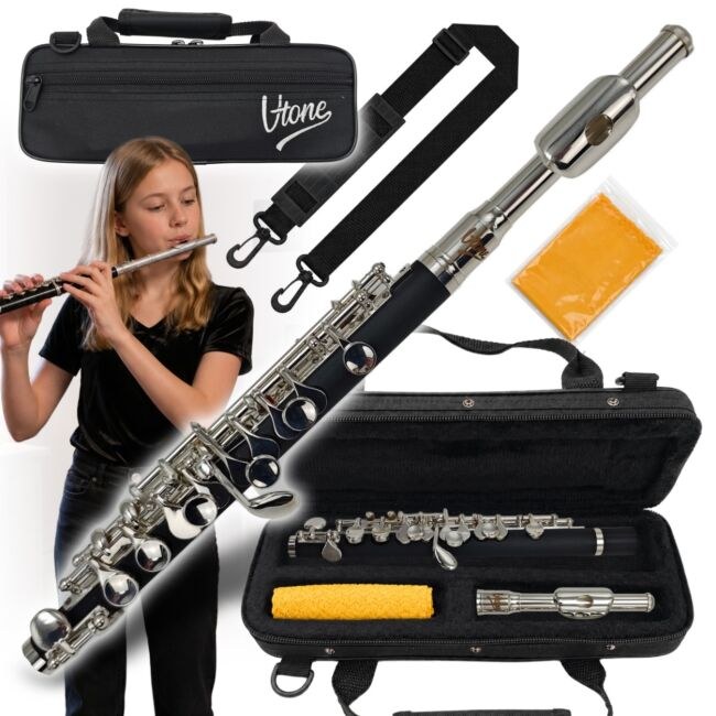 V-TONE PICCOLO 1 flet poprzeczny piccolo pikolo pikulina 32 cm strój C czarno-srebrny do nauki gry futerał transportowy pasek na ramię śrubokręt serwisowy ściereczka smar zaślepka korpusu zestaw