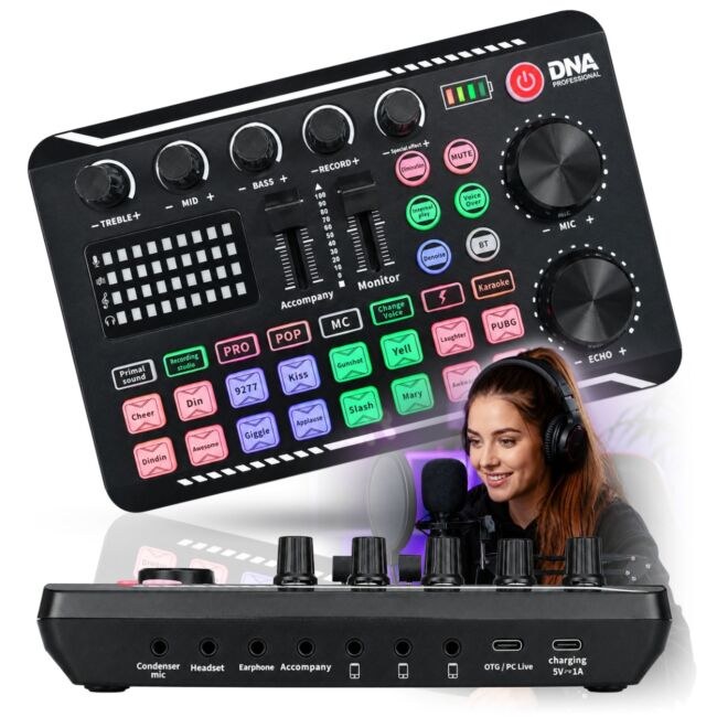 DNA STUDIO CARD akumulatorowa zewnętrzna karta dźwiękowa interfejs audio USB-C Bluetooth do streamingu transmisji live podcastów nagrywania głosu karaoke 16 efektów dźwiękowych 8 presetów głosu 1200 mAh