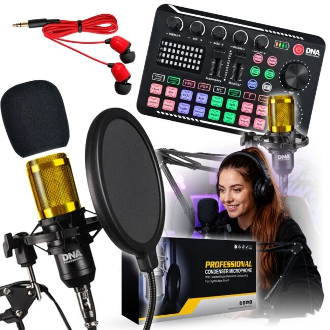 DNA STUDIO SET zewnętrzna karta dźwiękowa Bluetooth USB-C mikrofon pojemnościowy słuchawki statyw kosz antywstrząsowy osłona przeciwwietrzna pop filtr zestaw do streamingu nagrywania głosu transmisji live