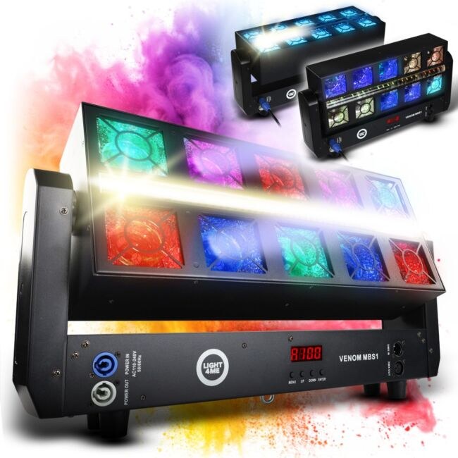 LIGHT4ME VENOM MBS1 ruchomy efekt oświetleniowy oświetlenie sceniczne stroboskop LED DMX efekt Beam 10x25W RGBW + efekt Glaze 160x0,4W RGBA SMD 5050 + efekt Cool White 96x0,5W CW SMD 7070 LED uchwyt montażowy omega
