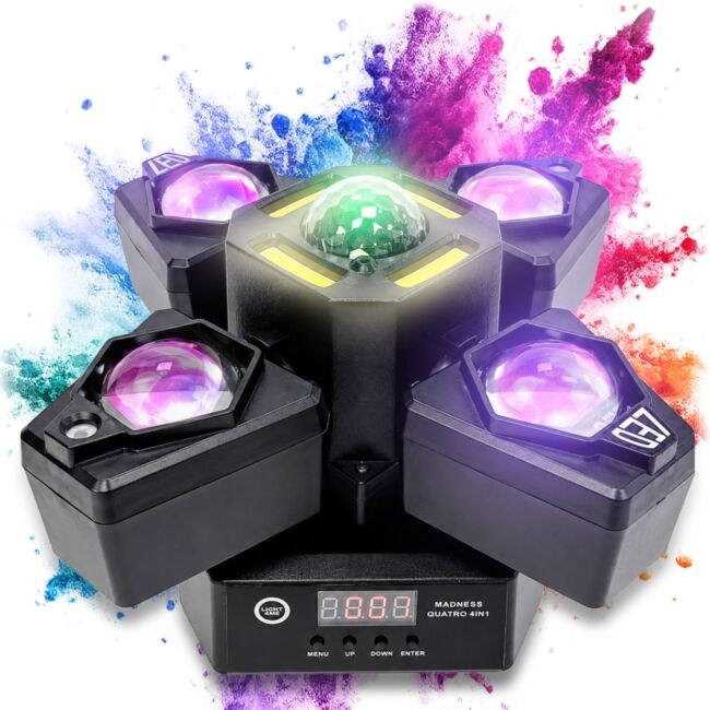 LIGHT4ME MADNESS QUATRO 4IN1 ruchomy multiefekt oświetleniowy oświetlenie sceniczne LED DMX Beam 16x3W R/G/B/W Magic Ball 10W RGBW laser czerwony 50 mW laser zielony 100 mW White Strobe 4x5W CW pilot bezprzewodowy uchwyt montażowy