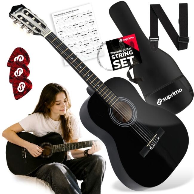 SUPRIMO CG34 BK gitara klasyczna 3/4 36 cali czarna do nauki dla początkujących 2 zaczepy na pasek 3 kostki do gry pasek do gitary zapasowe struny pokrowiec transportowy akordy zestaw