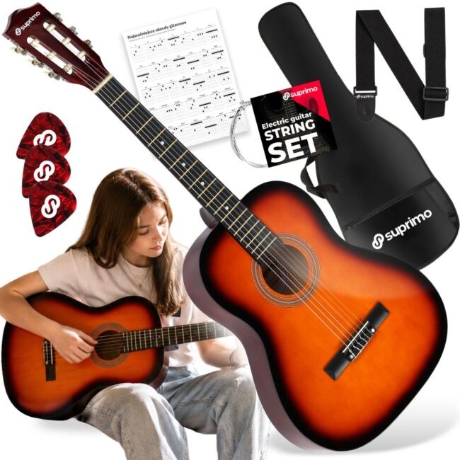 SUPRIMO CG34 SB gitara klasyczna 3/4 36 cali sunburst do nauki dla początkujących 2 zaczepy na pasek 3 kostki do gry pasek do gitary zapasowe struny pokrowiec transportowy akordy zestaw