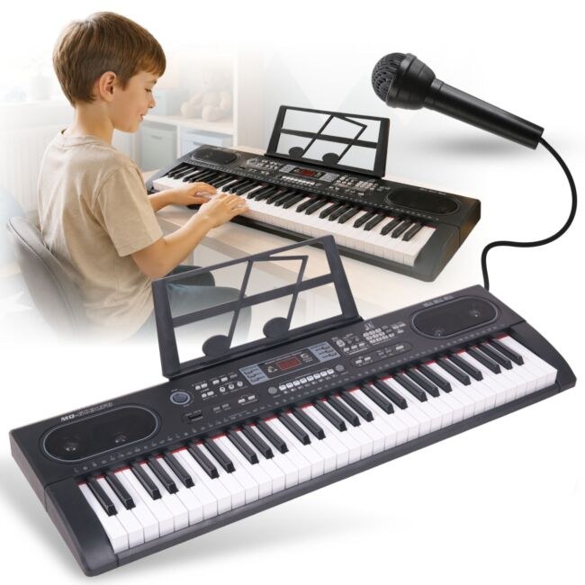 MQ 603 UFB KEYBOARD elektroniczny edukacyjny przenośny czarny 61 klawiszy instrument dla dzieci do nauki gry odtwarzacz MP3 radio FM Bluetooth pulpit do nut mikrofon przewodowy wbudowane głośniki stereo wyjście słuchawkowe zestaw