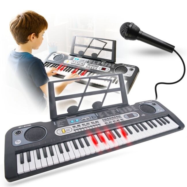 MQ 6119L KEYBOARD elektroniczny edukacyjny przenośny czarny 61 klawiszy instrument dla dzieci do nauki gry podświetlana klawiatura pulpit do nut mikrofon przewodowy wbudowane głośniki stereo wyjście słuchawkowe zestaw