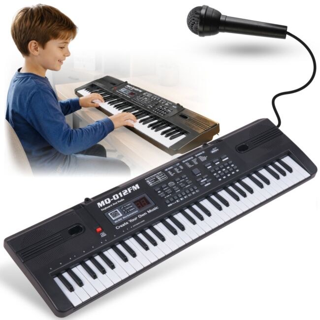 MQ 012FM KEYBOARD elektroniczny edukacyjny przenośny czarny 61 klawiszy instrument dla dzieci do nauki gry radio FM mikrofon przewodowy wbudowany głośnik wyjście słuchawkowe zestaw