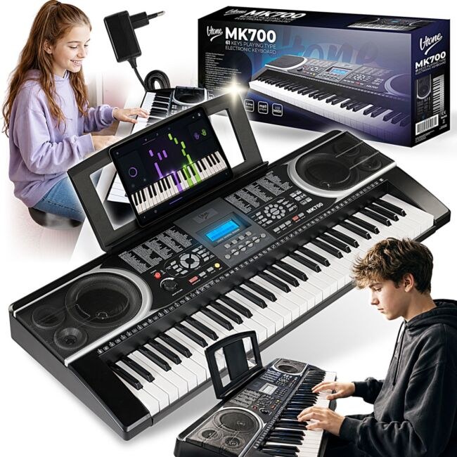 V-TONE MK700 przenośny edukacyjny keyboard elektroniczny MIDI 61 klawiszy instrument dla dzieci do nauki gry pulpit do nut odtwarzacz MP3 USB wbudowane głośniki wyjście słuchawkowe zestaw