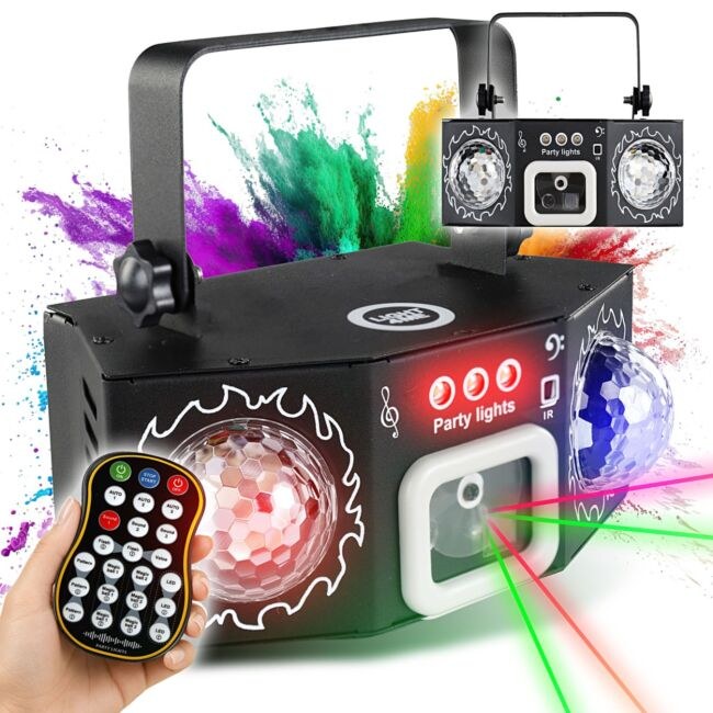 LIGHT4ME PARTY LIGHT 4 multiefekt oświetleniowy 4w1 oświetlenie LED na imprezę laser czerwony laser zielony podwójny efekt Magic Ball R/G/B efekt stroboskopu RGBW pilot bezprzewodowy uchwyt montażowy
