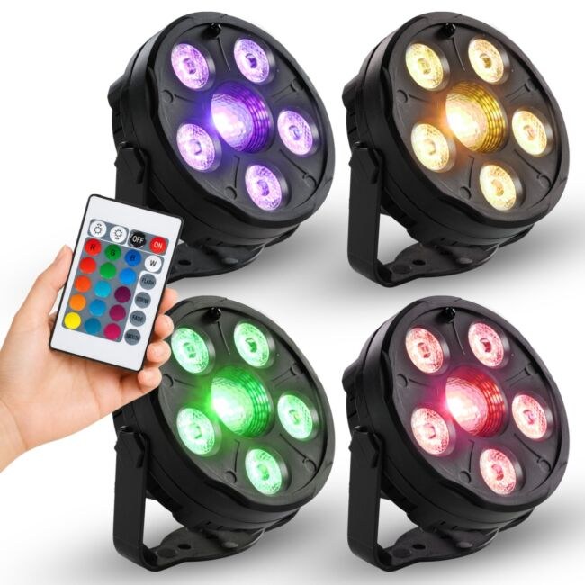 LIGHT4ME 4PAR SET IR zestaw 4 reflektorów PAR LED RGB oświetlenie na imprezę DJ pilot bezprzewodowy uchwyty montażowe zasilanie sieciowe