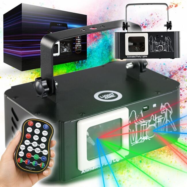 LIGHT4ME PARTY LASER 1 projektor laserowy skaner oprawa świetlna RGB DMX 30 kpps efekty graficzne animacje pilotem bezprzewodowy uchwyt montażowy sterowanie dźwiękiem