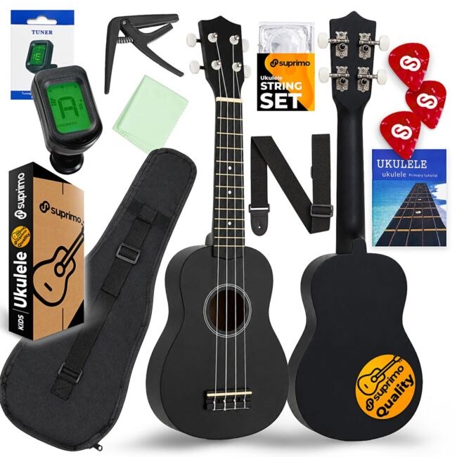 SUPRIMO UK21 SET BK V2 ukulele sopranowe 21" czarne drewniane pokrowiec 3 kostki do gry zapasowe struny tuner pasek kapodaster ściereczka książeczka do nauki gry zestaw dla dzieci