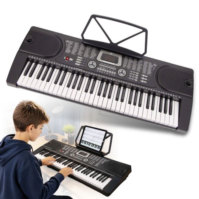 MK 2089 KEYBOARD elektroniczny edukacyjny przenośny czarny 61 klawiszy instrument dla dzieci do nauki gry pulpit do nut mikrofon przewodowy wbudowane głośniki wyjście słuchawkowe zestaw