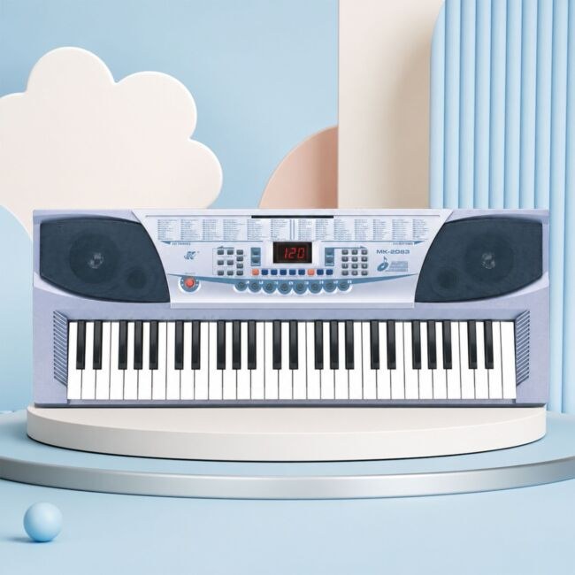 MK 2083 KEYBOARD elektroniczny edukacyjny przenośny srebrny 54 klawisze instrument dla dzieci do nauki gry pulpit do nut mikrofon przewodowy wbudowane głośniki wyjście słuchawkowe zestaw