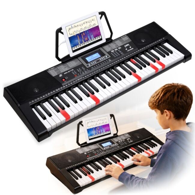 MK 2115 KEYBOARD elektroniczny edukacyjny przenośny czarny instrument MIDI dla dzieci do nauki gry 61 podświetlanych klawiszy pulpit do nut pedał sustain głośniki wyjście słuchawkowe zestaw