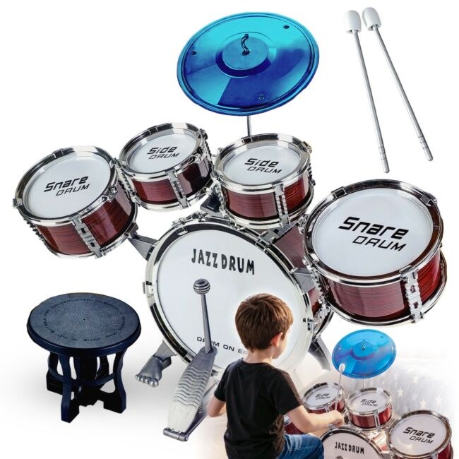 SUPRIMO K-DRUMS 1 perkusja dla dzieci zestaw perkusyjny 5 bębnów talerz krzesełko pałeczki
