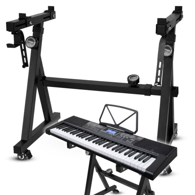 SUPRIMO KEY 3 stojak statyw klawiszowy z blokowanymi kółkami czarny składany regulowany mobilny stalowy na pianino keyboard syntezator uchwyt na słuchawki do 40 kg