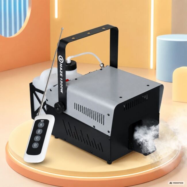 LIGHT4ME HAZE 1500W generator wytwornica dymu mgły hazer DMX pilot bezprzewodowy uchwyt montażowy