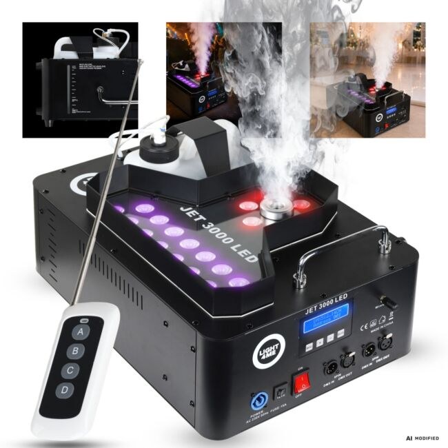 LIGHT4ME JET 3000 LED wytwornica dymu pionowego 3000W DMX 21x10W RGBW LED pilot bezprzewodowy wyrzut 8 m uchwyty montażowe