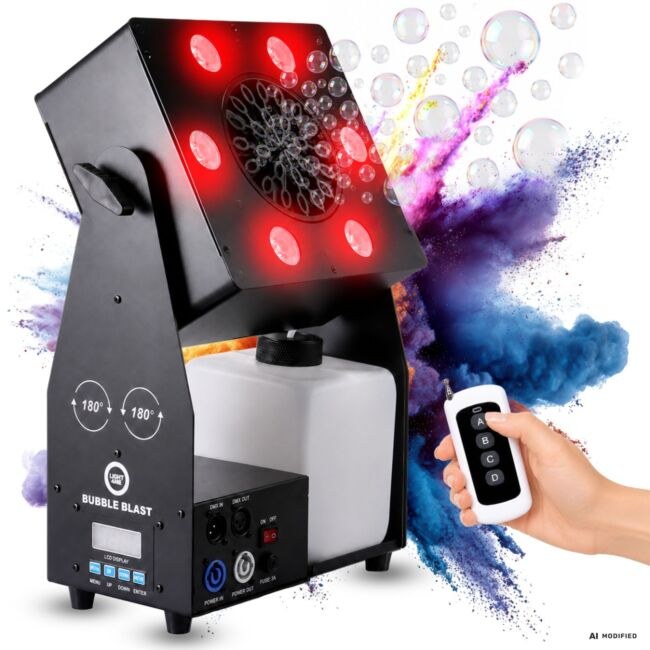 LIGHT4ME BUBBLE BLAST wytwornica baniek sceniczna maszyna do baniek DMX RGBW LED 6×4W zbiornik 2,5 l pilot bezprzewodowy regulowany kąt emisji 0-180°
