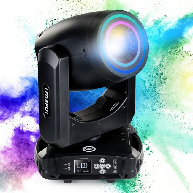 LIGHT4ME PRISMO SPOT 150W głowica ruchoma spot oświetlenie sceniczne LED DMX podwójny efekt ring 40 × 0,2W RGB SMD LED uchwyty montażowe omega