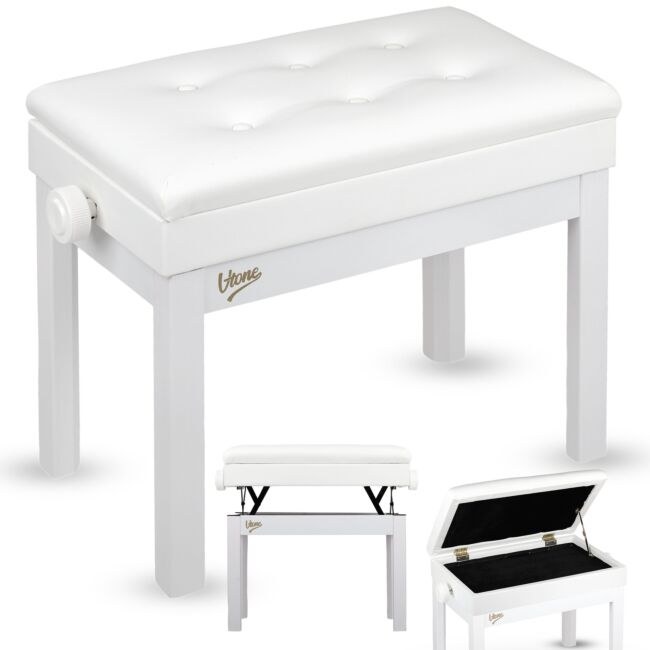 V-TONE PB4 WH ława do pianina keyboardu biała tapicerowana siedzisko dla muzyka schowek regulowana 49-57 cm do 140 kg