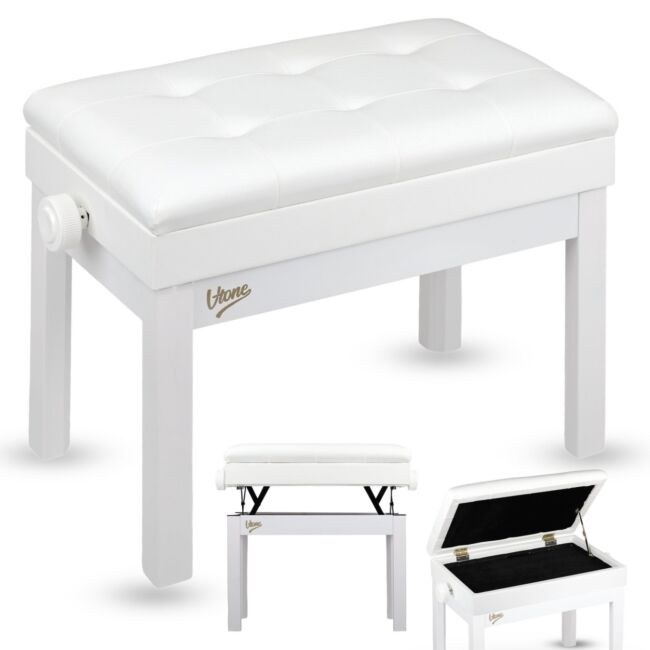 V-TONE PB2 WH ława do pianina keyboardu biała tapicerowana siedzisko dla muzyka schowek regulowana 49-57 cm do 140 kg