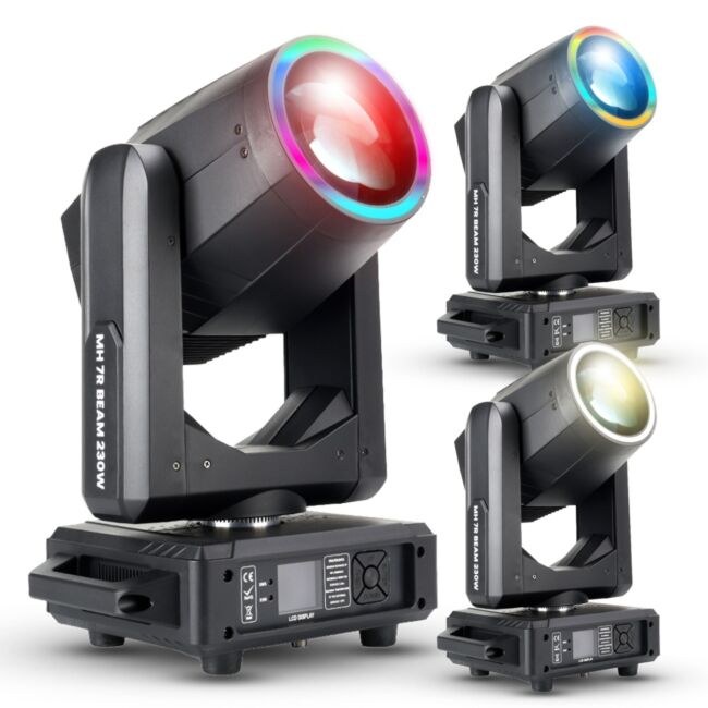 LIGHT4ME MH 7R BEAM 230W głowica ruchoma beam lampa wyładowcza oświetlenie sceniczne DMX efekt ring LED uchwyt montażowy