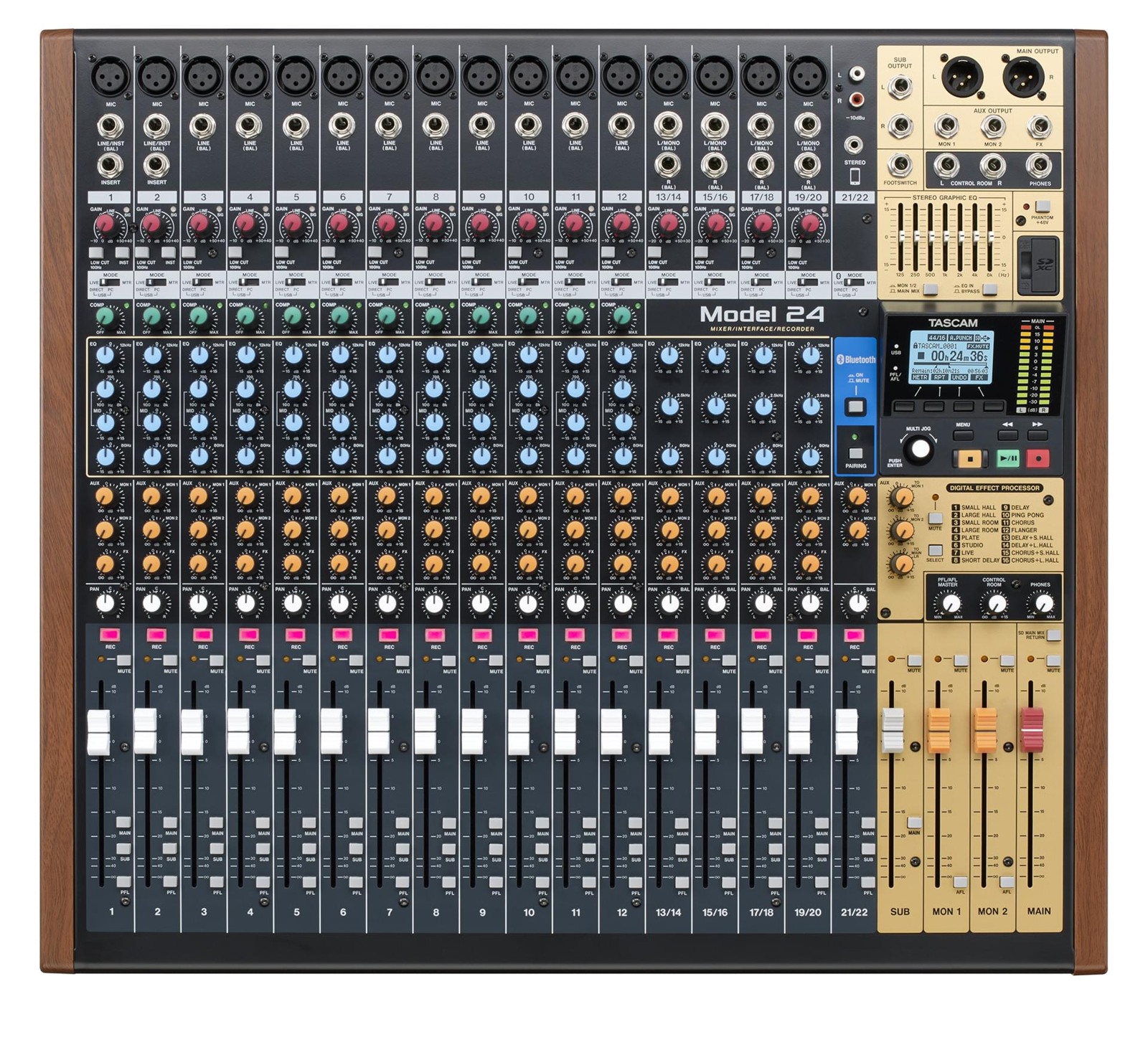 Tascam MODEL 24 - analogowy mikser fonii z 24-ścieżkowym cyfrowym rejestratorem na kartach SD