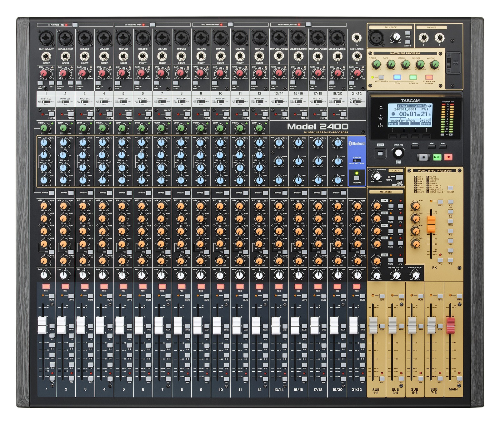 Tascam Model 2400 - analogowy mikser fonii z 24-ścieżkowym cyfrowym rejestratorem na kartach SD i obsług...