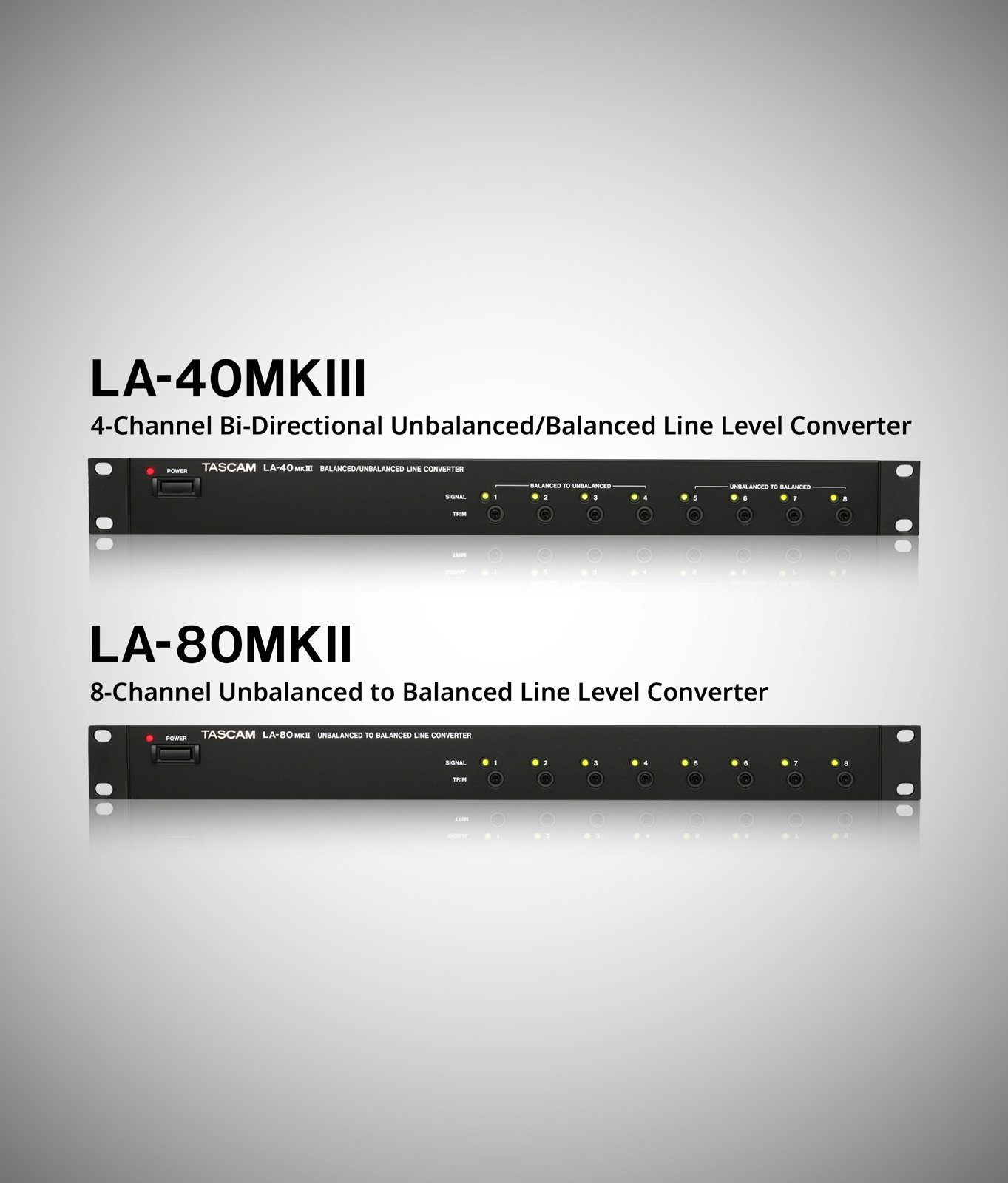 Tascam LA-40MKIII – czterokanałowy konwerter symetryczny/niesymetryczny, rack 1U