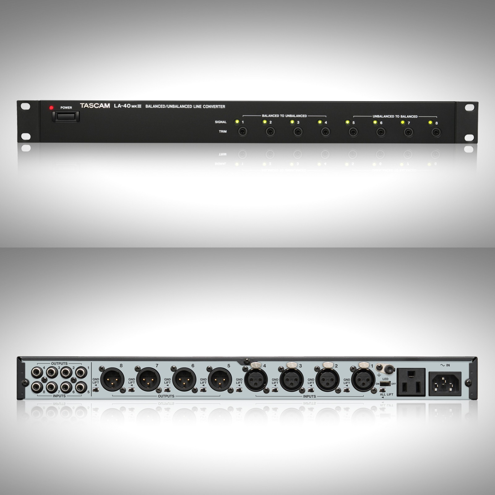 Tascam LA-40MKIII – czterokanałowy konwerter symetryczny/niesymetryczny, rack 1U